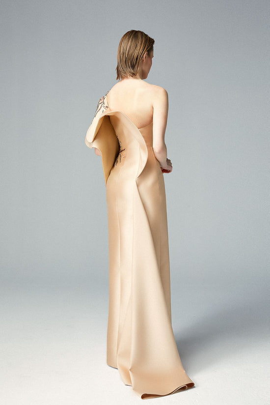 One Shoulder Champagne Cady Evening Dress, Crystals & Sequins Embroidery & Ruffled Sleeve