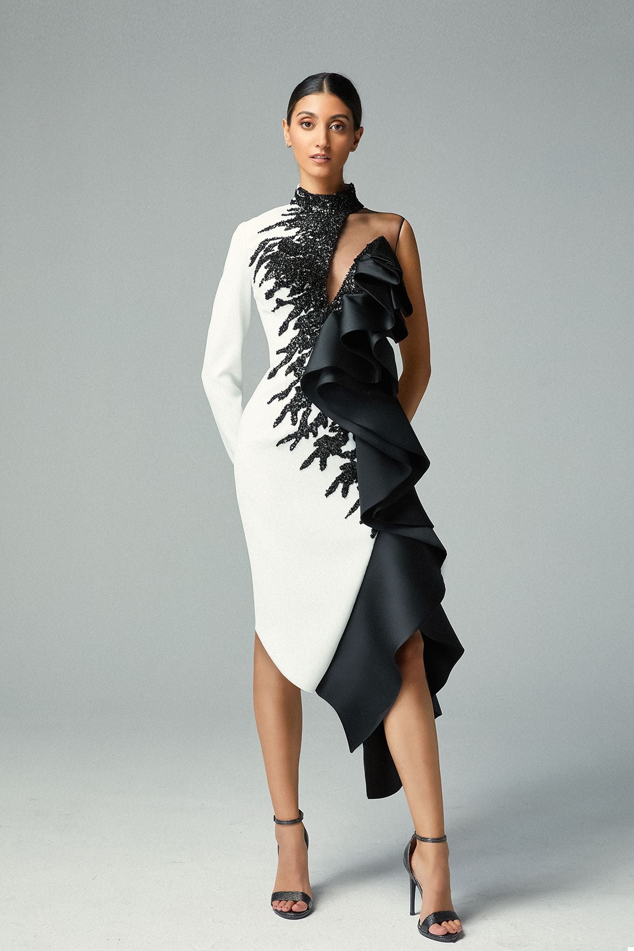 Load image into Gallery viewer, White Crepe Half Embroidered in Black Ruffled Black Cady Half Midi Dress

