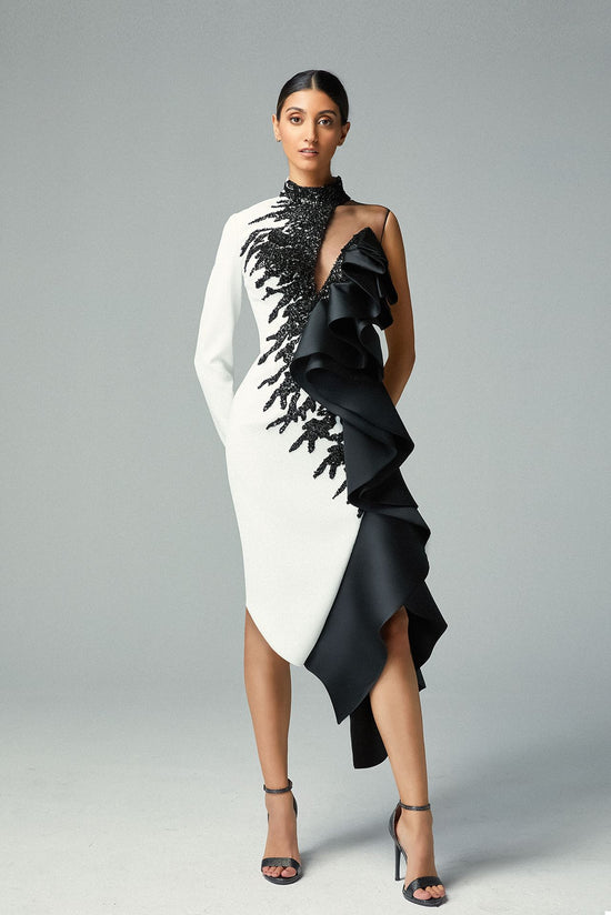 White Crepe Half Embroidered in Black Ruffled Black Cady Half Midi Dre Gattinolli by Marwan White Crepe Half Embroidered in Black Ruffled Black Cady Half Midi Dre Gattinolli by Marwan
