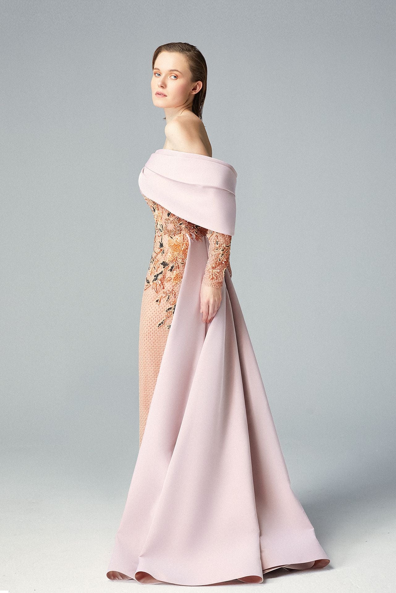 Seashell Pink Color Evening Dress Swarovski Bejeweled Net Fabric & Sashed Taffetas Bow Tie
