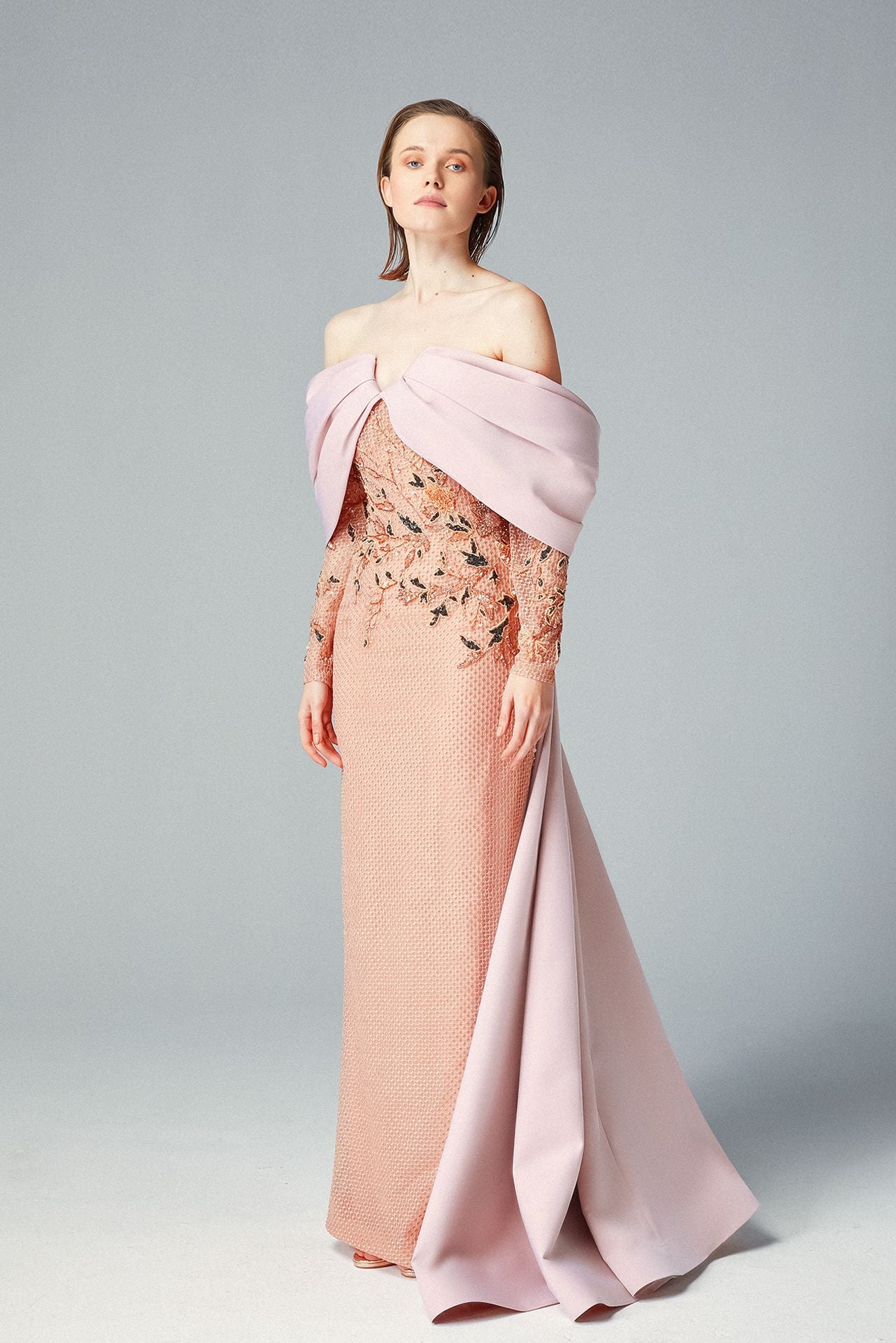 Load image into Gallery viewer, Seashell Pink Color Evening Dress Swarovski Bejeweled Net Fabric &amp;amp; Sashed Taffetas Bow Tie
