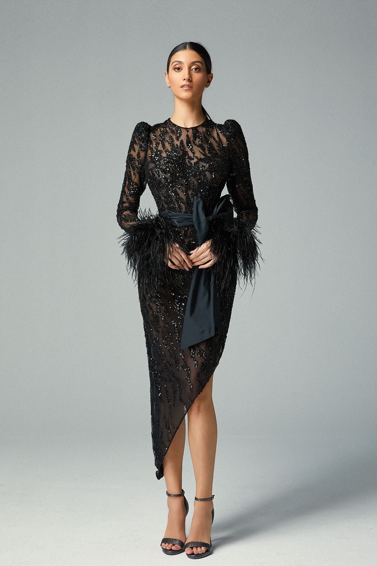 Load image into Gallery viewer, Black Embroidered Tulle Midi Dress Feathered Trim on the Wrist &amp;amp; Taffetas Bow Belt
