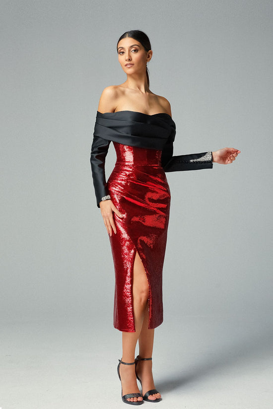 Off-shoulder Black Cady Neckline Long Sleeves with Wrist Swarovski Motifs & Ruby Sequined Skirt