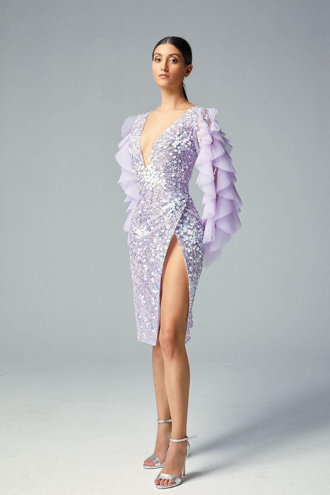 Light Lilac Ruffled Sleeves, Dahlia Pattern Sequins Embroidery of Plunging Short Dress