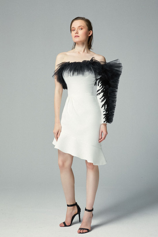 White Crepe Midi Dress Asymmetric Ruffled Black Neckline Tulle Sleeve Black Embroidery