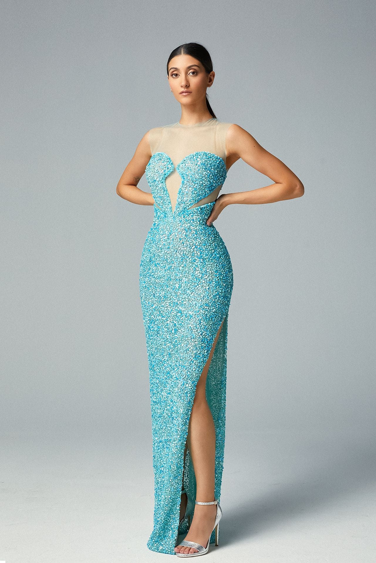 Off-shoulder Aqua Blue Evening Dress Sequined from Top to Tip-toe Sui Generis Design Neckline
