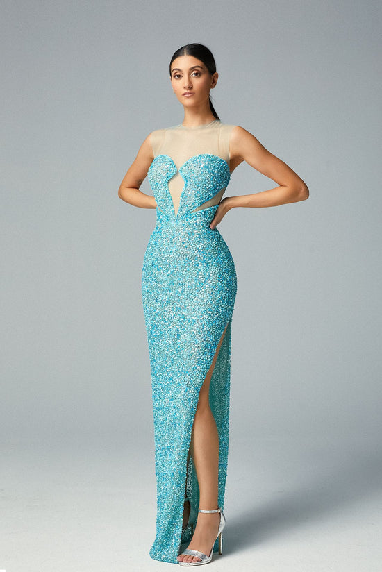 Load image into Gallery viewer, Off-shoulder Aqua Blue Evening Dress Sequined from Top to Tip-toe Sui Generis Design Neckline
