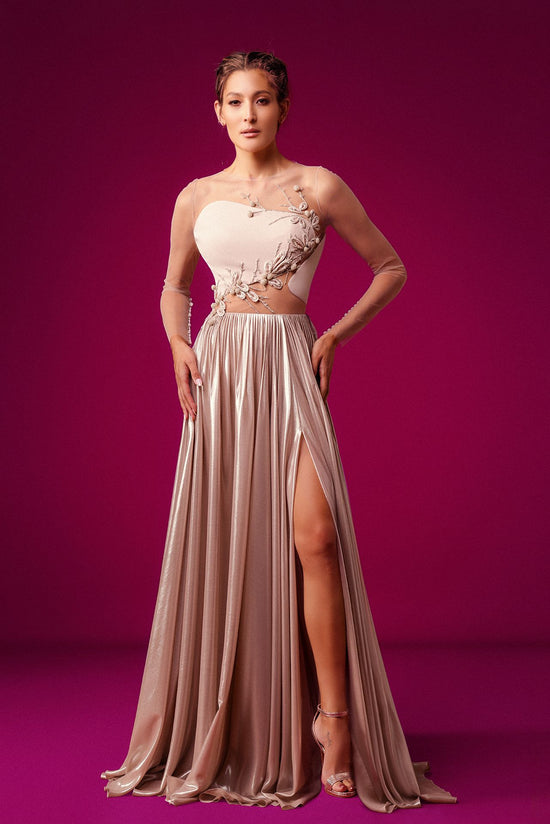Long-Sleeved A-Line Flared Dress with Handmade Flowers Gattinolli by Marwan Long-Sleeved A-Line Flared Dress with Handmade Flowers Gattinolli by Marwan