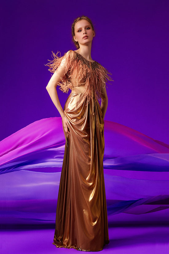 gold chiffon dress Lurex Chiffon Draped Dress with Embroidery – Gattinolli by Marwan