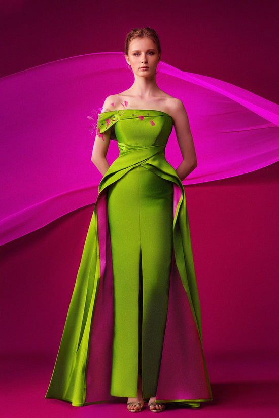Off-The-Shoulder Fitted Dress with Feathers and Overskirt Gattinolli by Marwan Off-The-Shoulder Fitted Dress with Feathers and Overskirt Gattinolli by Marwan