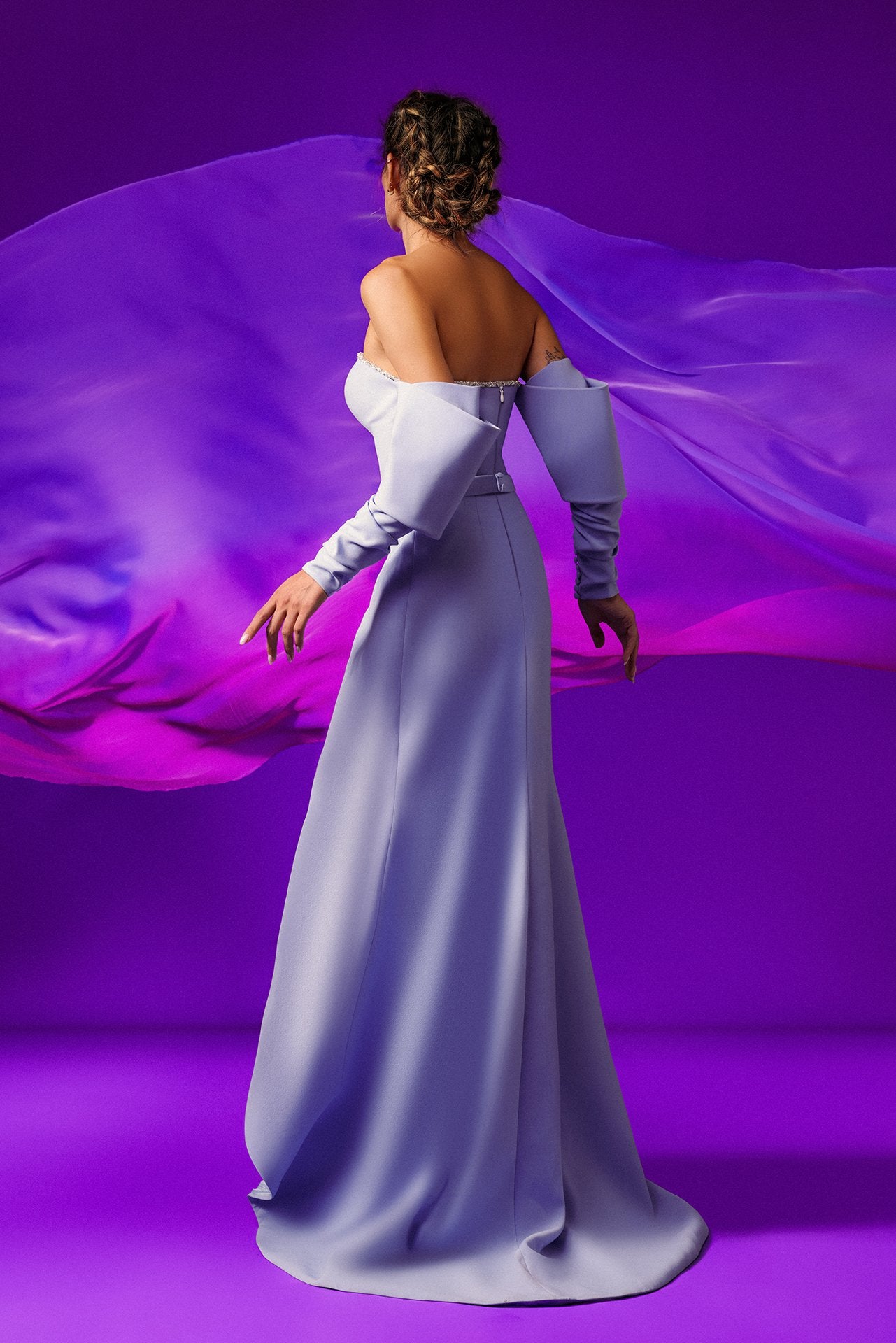 Draped sleeves embroidered satin gown