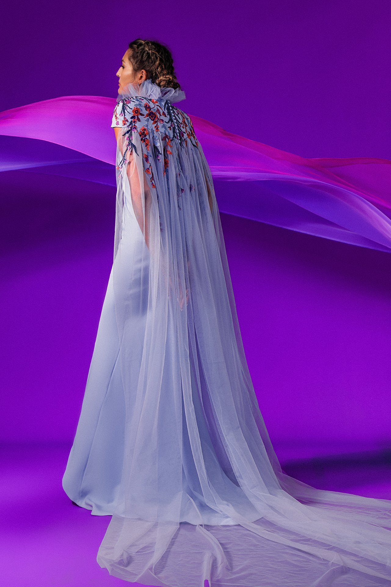 Load image into Gallery viewer, Draped neckline dress featuring embroidered tulle cape
