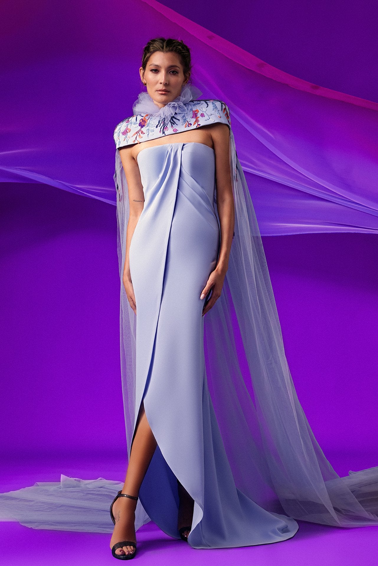 Load image into Gallery viewer, Draped neckline dress featuring embroidered tulle cape
