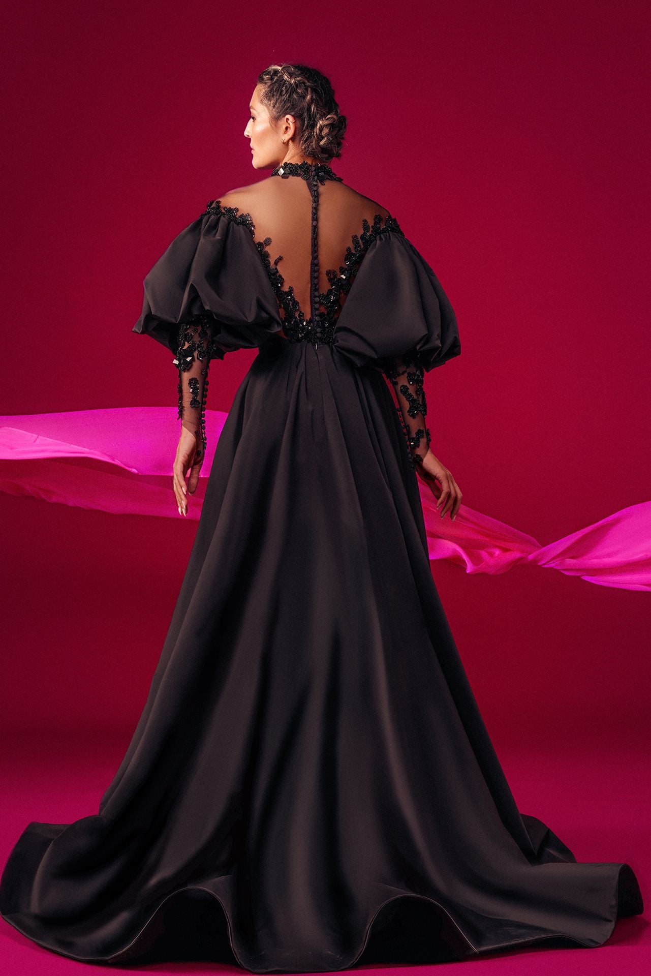 Load image into Gallery viewer, Puff sleeves fully beaded taffeta dress
