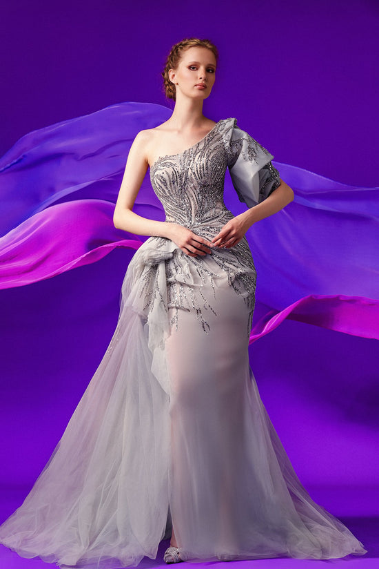 One sleeve embroidered tulle gown