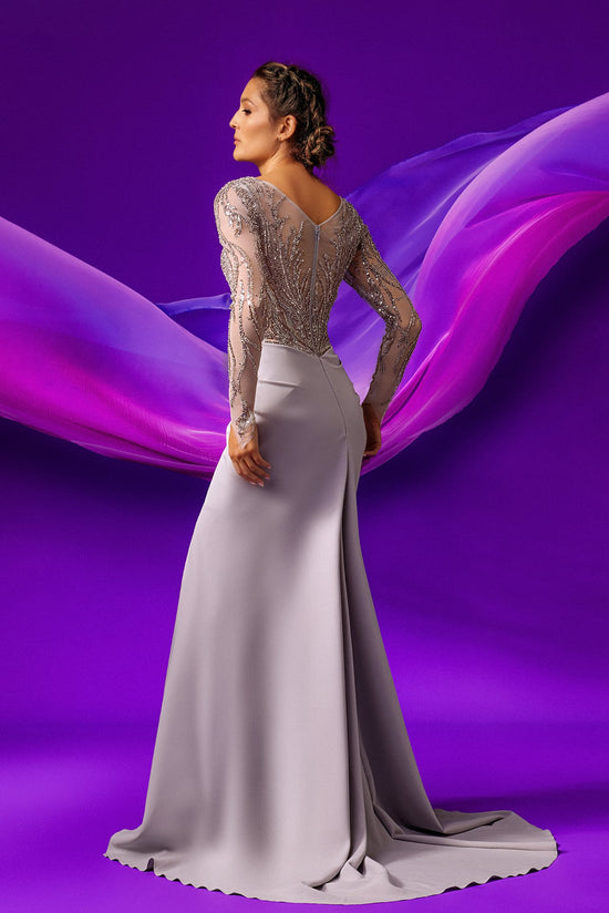 Hand embroidered bodice crepe skirt evening gown