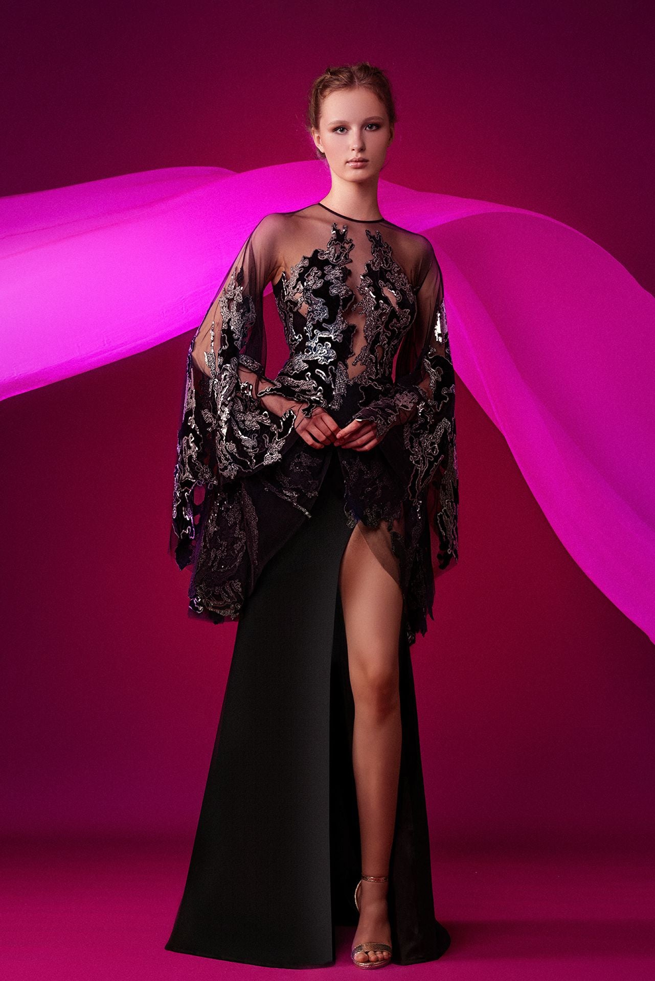 Cape sleeves thigh-high slit evening gown – Gattinolli by Marwan