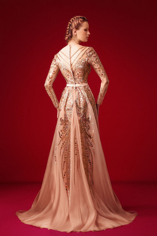 Goldwork embroidered long sleeves gown