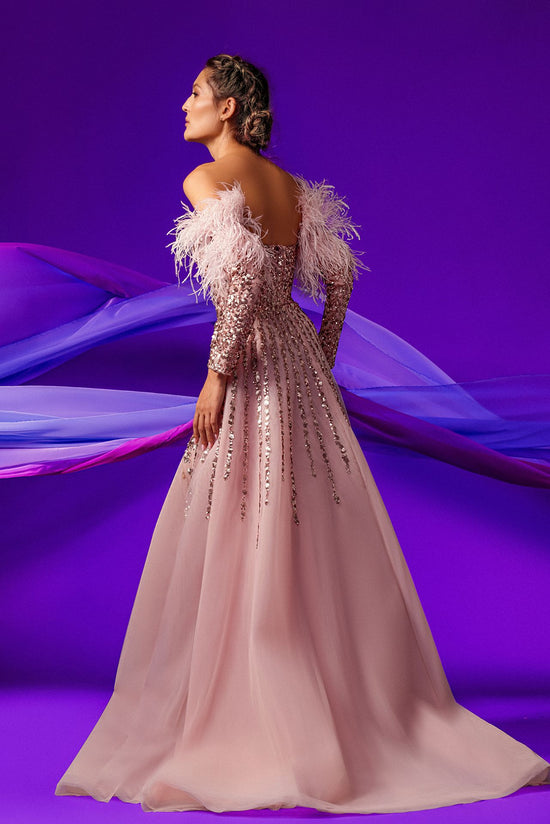 Cristallini Sheer Long Sleeve Beaded Evening Gown - District 5 Boutique