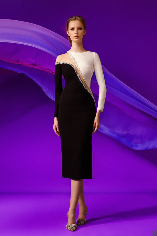 Load image into Gallery viewer, Asymmetric neckline midi dress
