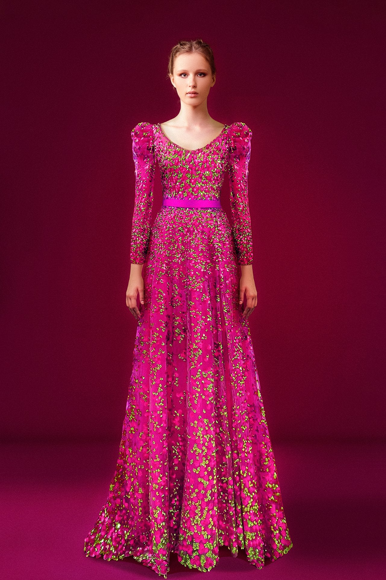 Sequin Embroidered Dress with Satin Belt Gattinolli by Marwan Sequin Embroidered Dress with Satin Belt Gattinolli by Marwan