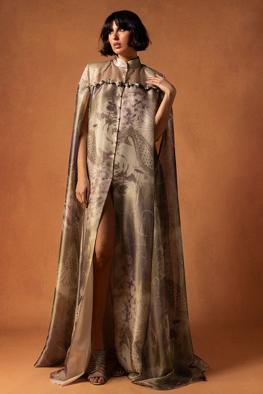 Printed Silk Champagne Kaftan with Organza and Bow Accents – Gattinolli by Marwan