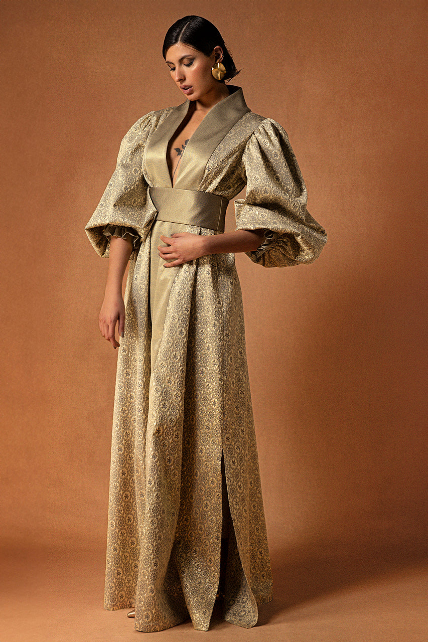 Stitched Brocade Kaftan with Lurex Belt – Gattinolli by Marwan