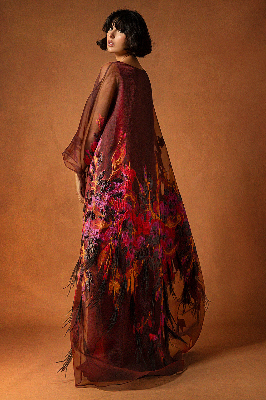 Organza Jacquard Kaftan with Floral and Feather Embroidery