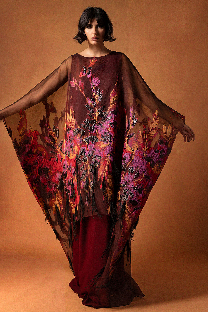 Burgundy Organza Jacquard Kaftan with Floral and Feather Details Gattinolli by Marwan Burgundy Organza Jacquard Kaftan with Floral and Feather Details Gattinolli by Marwan