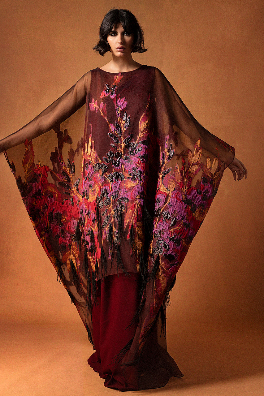 Organza Jacquard Kaftan with Floral and Feather Embroidery