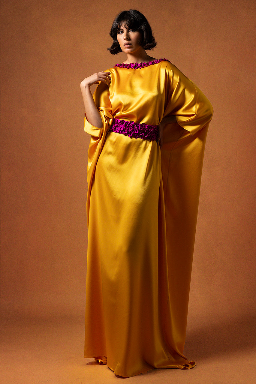 satin kaftan dress for women Kaftan Dress - Wedding Guest & Party - Feather Trim Batwing Sleeves - Glossy Satin - US 10