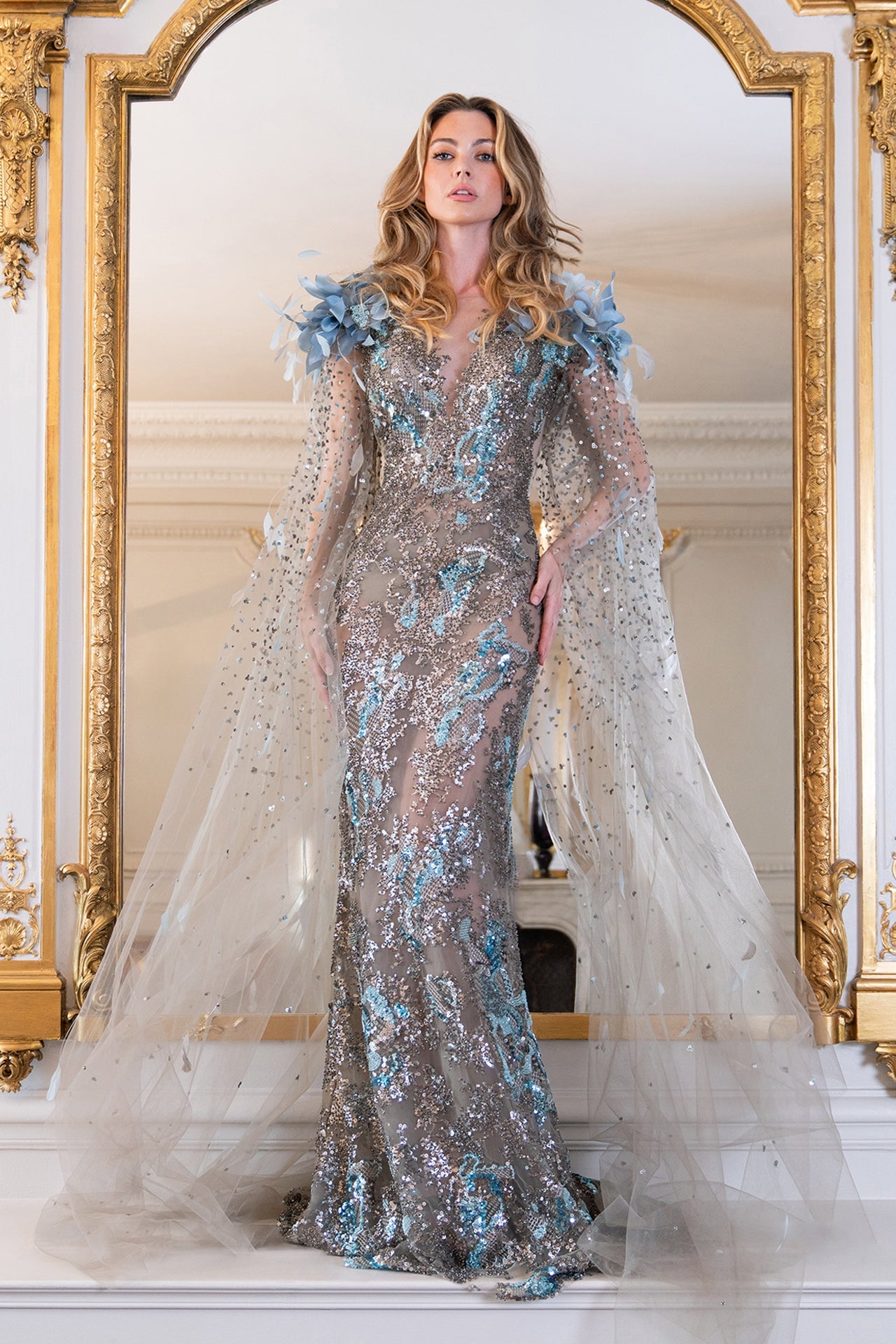 Embroidered Mermaid Dress with Tulle Cape Sleeves Gattinolli by Marwan Embroidered Mermaid Dress with Tulle Cape Sleeves Gattinolli by Marwan