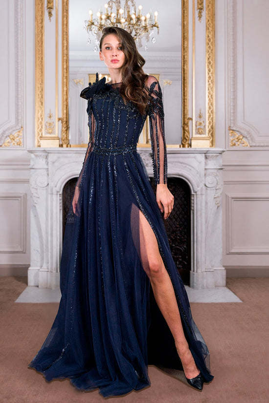 Long-Sleeved A-Line Dress with Organza Flower Gattinolli by Marwan Long-Sleeved A-Line Dress with Organza Flower Gattinolli by Marwan
