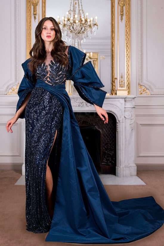 Embroidered Tulle Column Dress with Taffeta Train Gattinolli by Marwan Embroidered Tulle Column Dress with Taffeta Train Gattinolli by Marwan