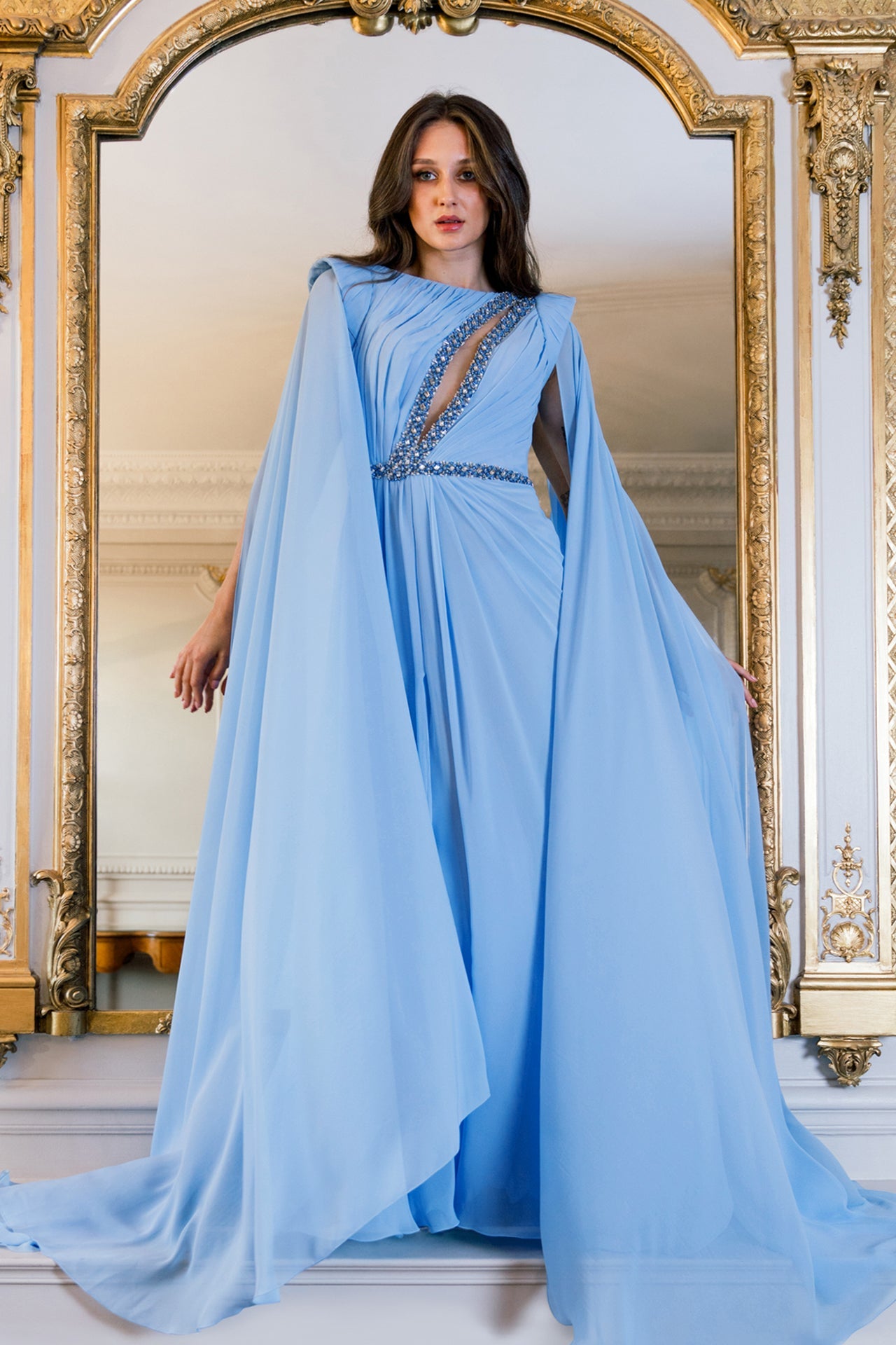 Crepe Georgette A-line Dress with Cape Sleeves