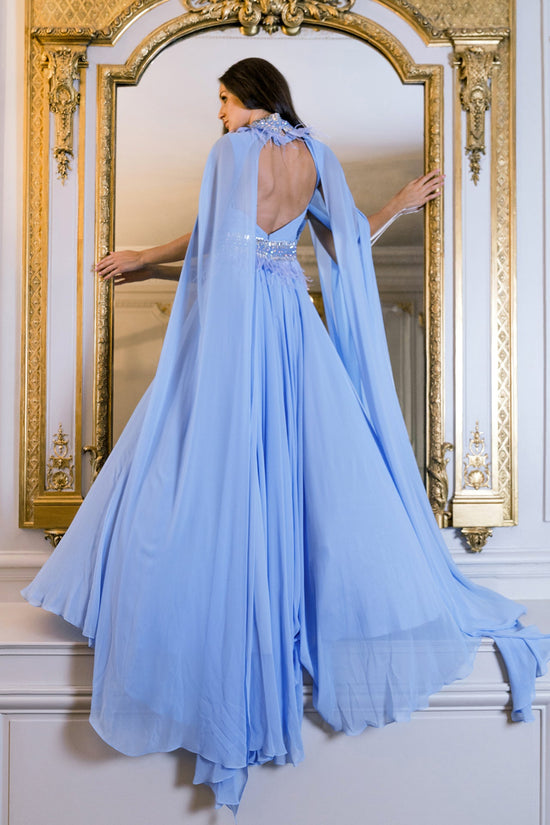 silk georgette dress Blue Maxi In The Florella Gown is crafted from floaty georgette with swathes of cascading ruffles and reveals an open back Evening Gown In Silk Georgette