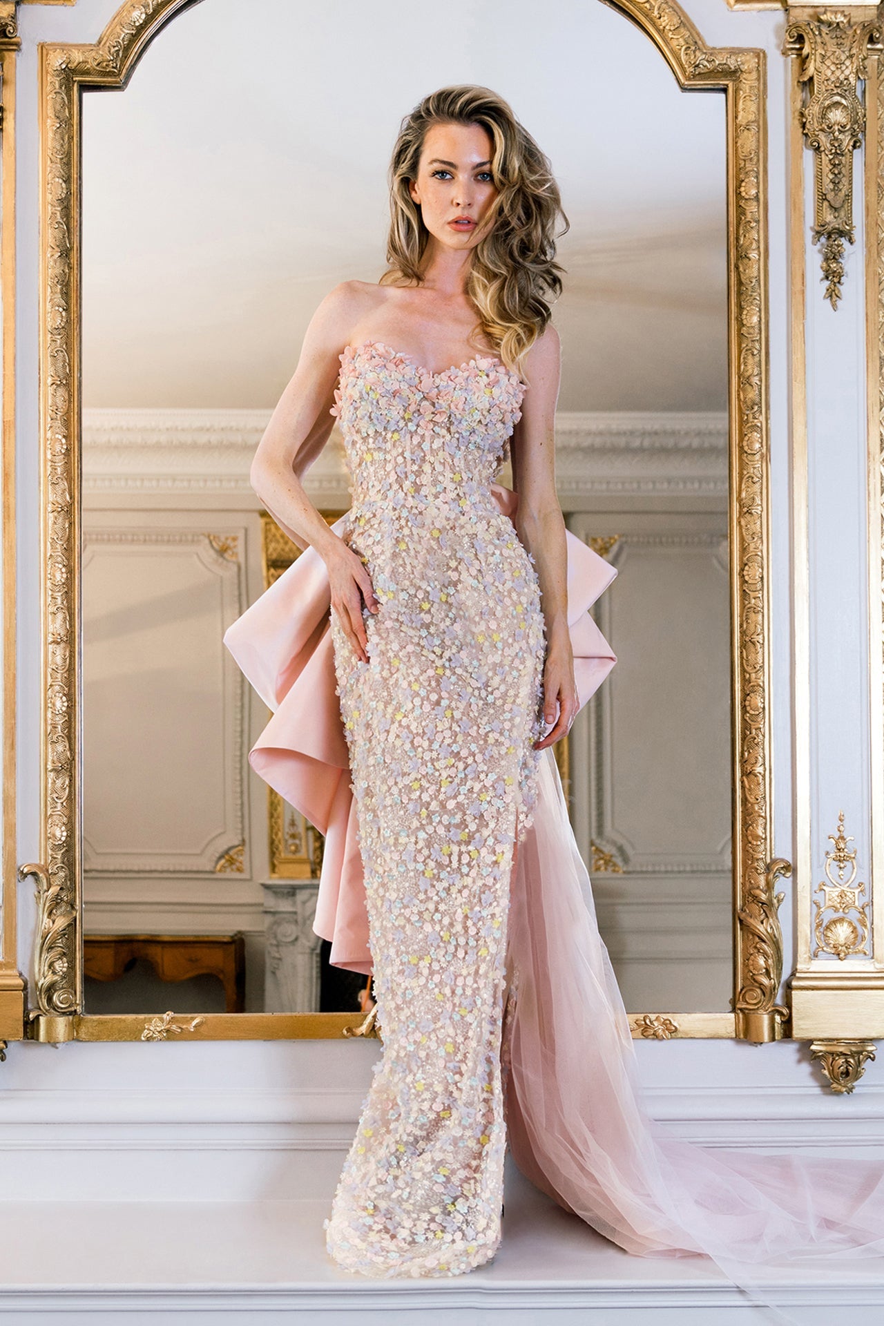 Strapless Embroidered Dress with Tulle Train Gattinolli by Marwan Strapless Embroidered Dress with Tulle Train Gattinolli by Marwan
