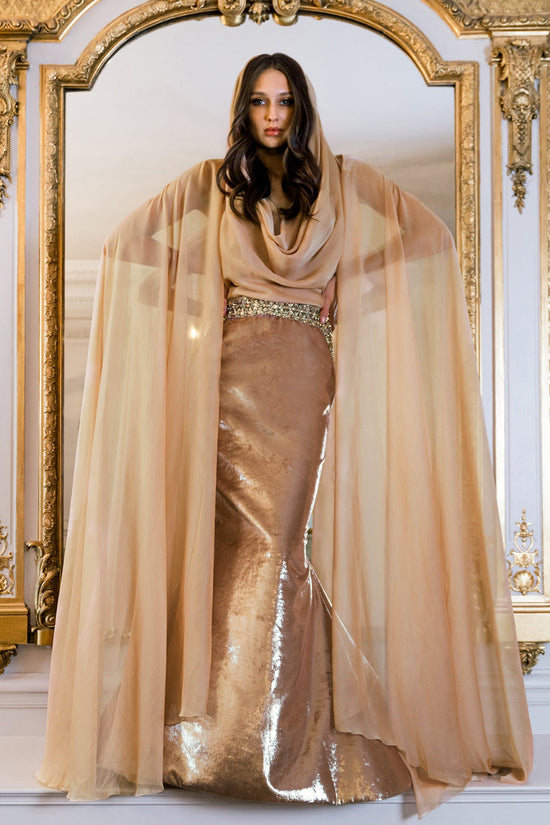Chiffon and Lurex Mermaid Dress with Cape Sleeves