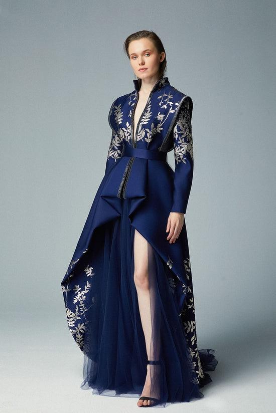 Plunging Navy Jacquard Kimono Top & Golden Floral Silenus Embroidery High-low Skirt