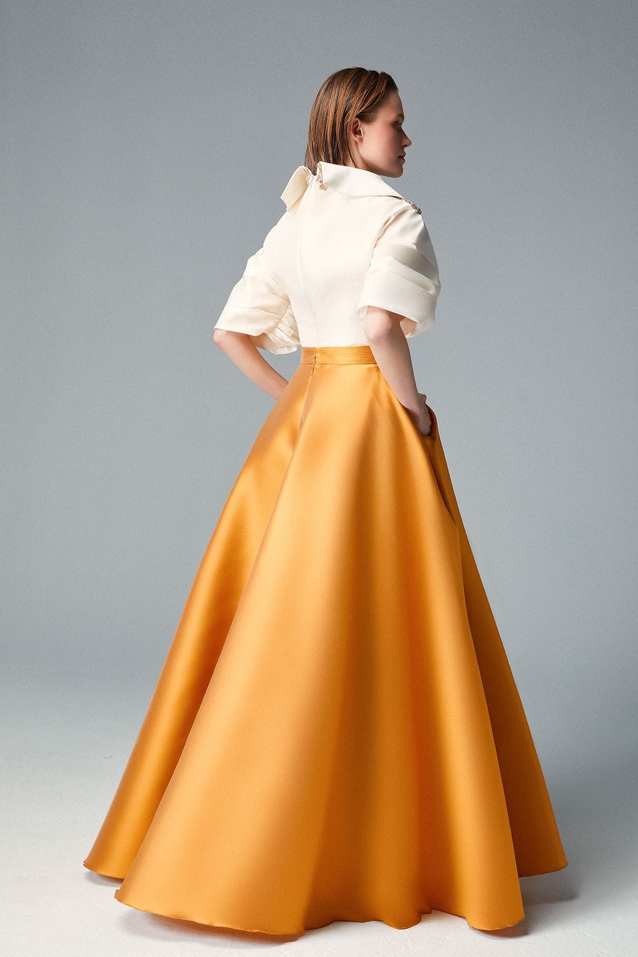 Load image into Gallery viewer, Ivory Taffetas Bodice, Swarovski Pin Gold &amp;amp; Cady Flared Skirt
