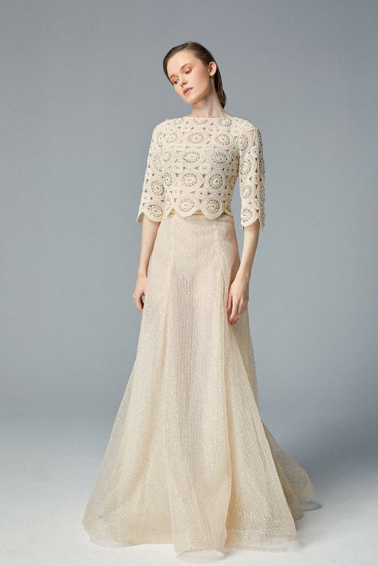 Beige Floral Guipure Lace Shimmery Lurex Skirt