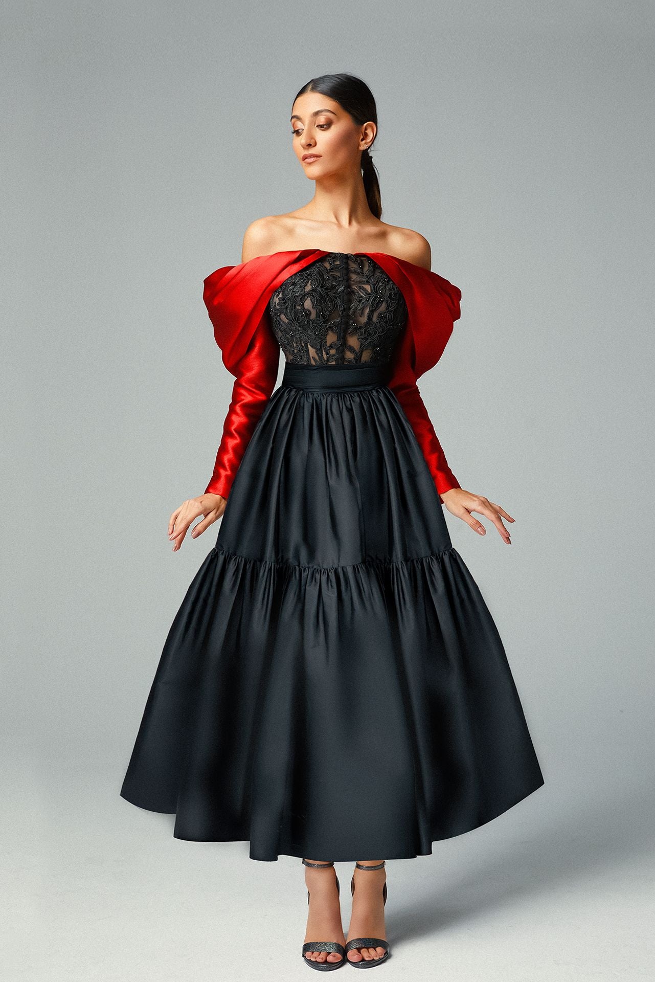 Load image into Gallery viewer, Off-shoulder Embroidered Floral Corset &amp;amp; Crimson Cady Draped Wing &amp;amp; Crêpe Column Midi Skirt
