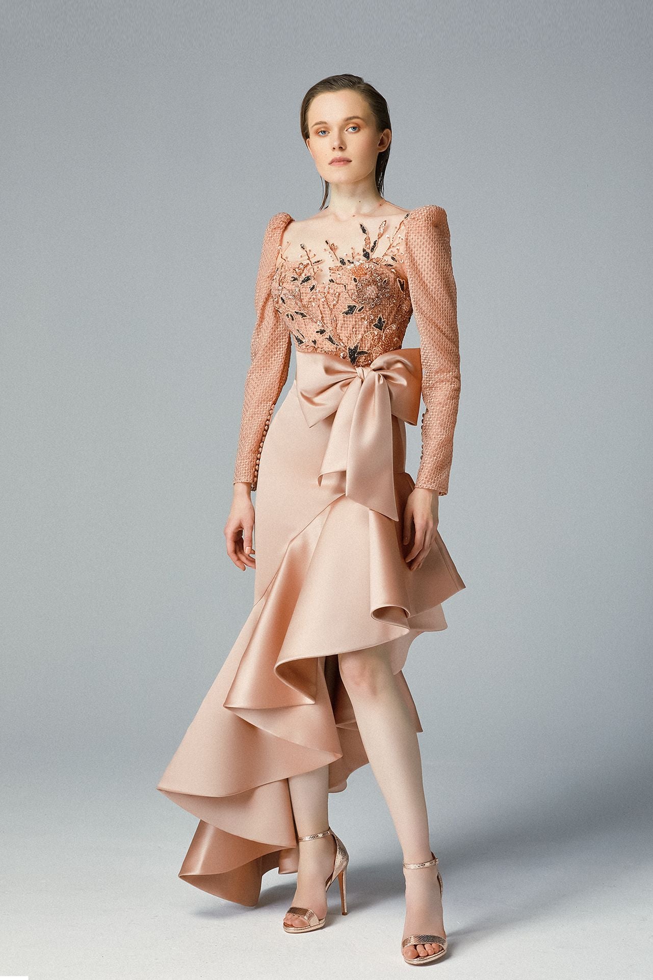 Vanilla Satin Seashell Pink Color High-low Asymmetric Midi Skirt, Swarovski Bejeweled Net Fabric Bustier