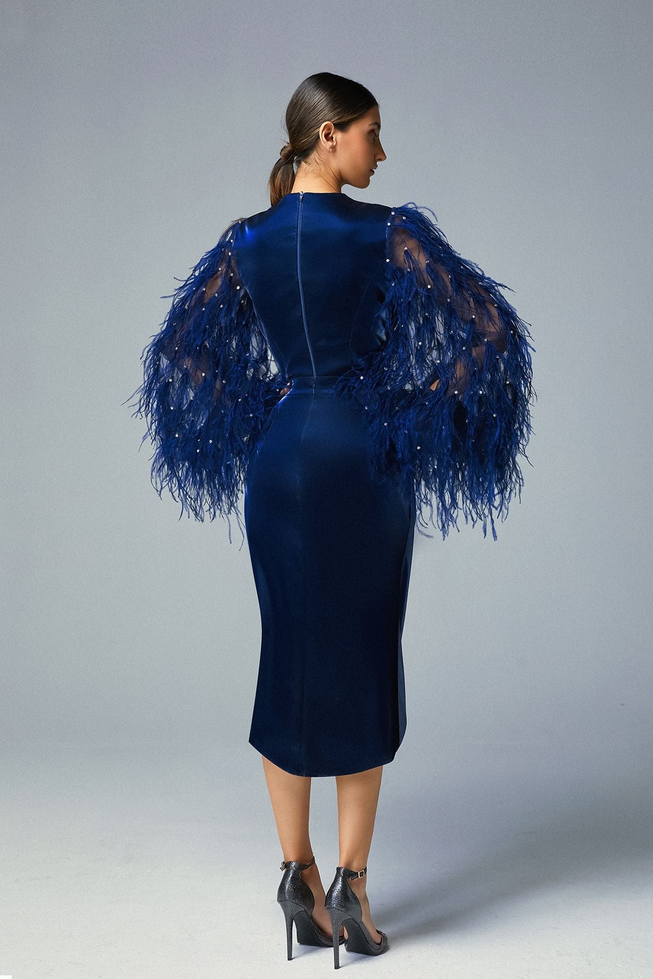 Draped V- Plunging Navy Blue Cady Top Feathered & Embroidered Sleeves & Midi Skirt