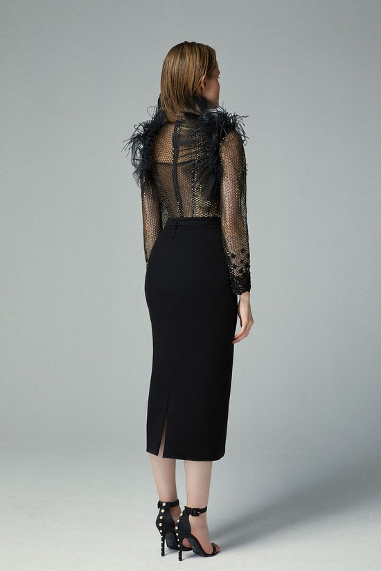 Black Shimmered Embroidered Net Fabric Corset Top & Crepe Midi Skirt