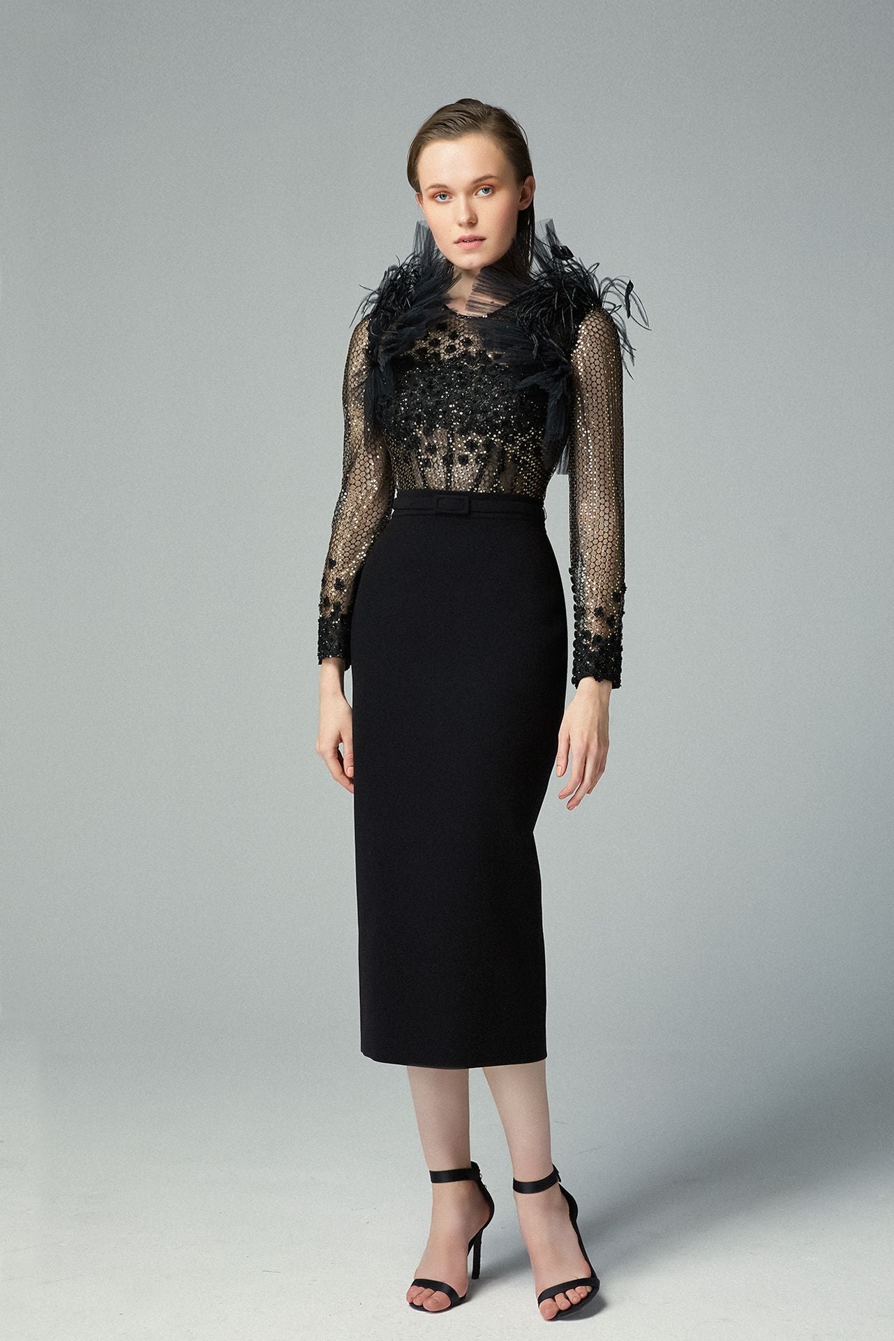 Black Shimmered Embroidered Net Fabric Corset Top & Crepe Midi Skirt