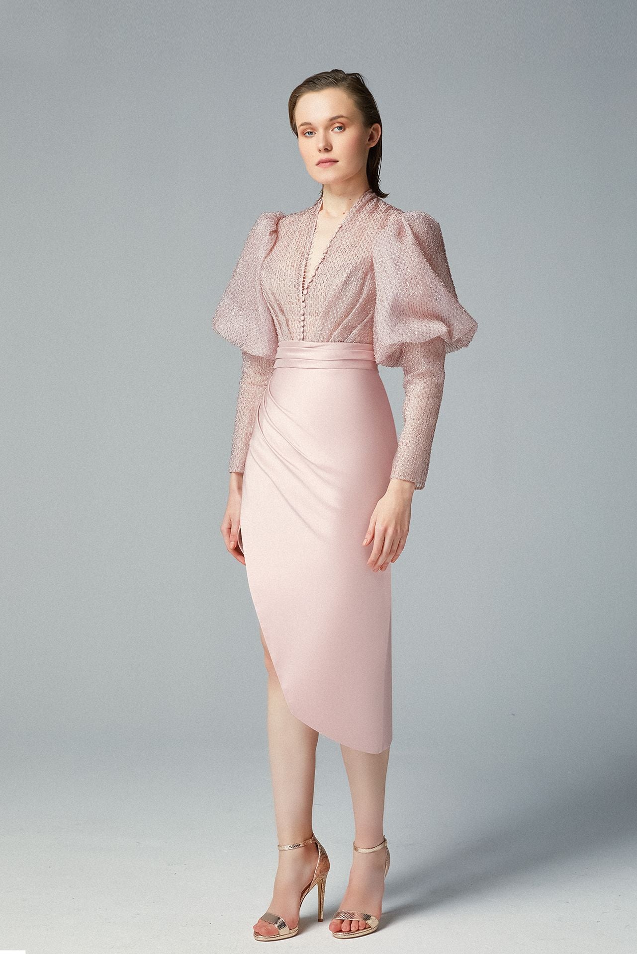 Load image into Gallery viewer, Plunging Organza Lurex Heavenly Pink Top Mikado Midi Skirt Draped on the Side
