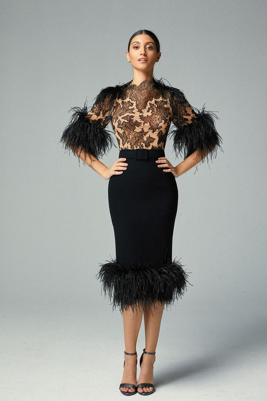 Feathered Dentelle Dévore & Crepe Georgette Top & Black Crepe Column Midi Skirt