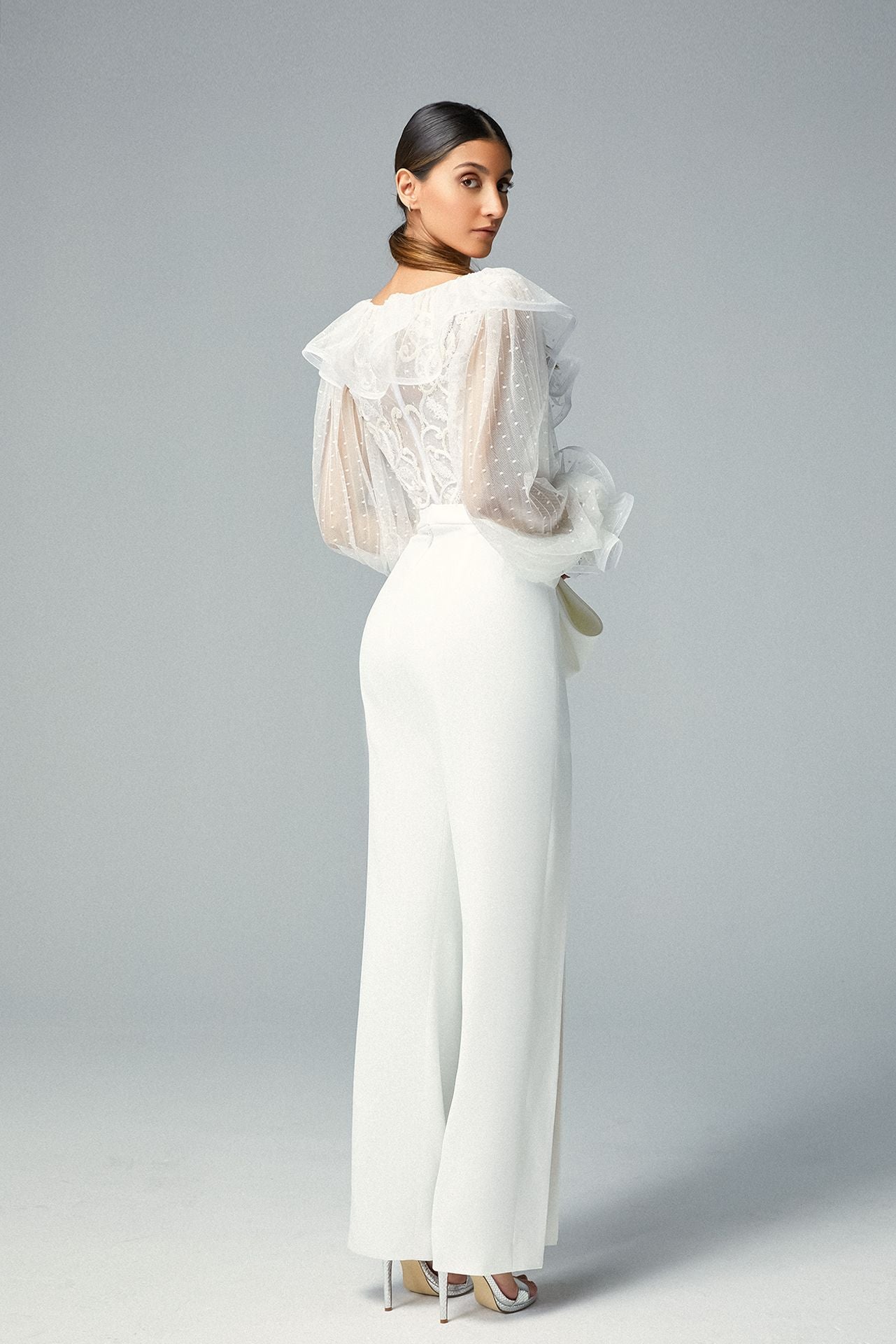 Embroidered White Corset Top Sequined Motifs, Bow Tie White Crepe Pant –  Gattinolli by Marwan