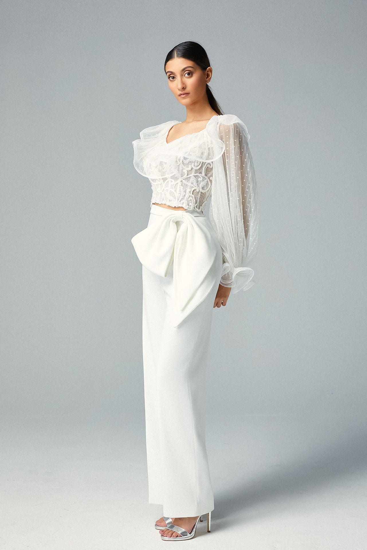 Embroidered White Corset Top Sequined Motifs, Bow Tie White Crepe Pants